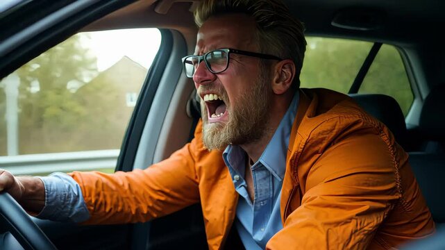 Angry aggressive businessman driving car yelling road rage