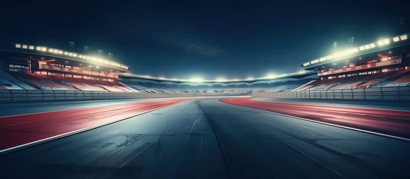 Curved asphalt racing track circuit and sports stadium racing at night with lights
