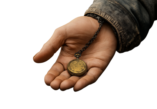 A weathered hand holds a pocket watch on a chain, with the watch face facing upwards.