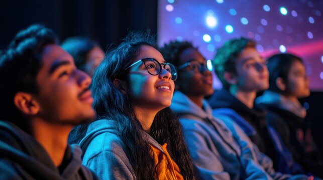 A multicultural group of scientists and students attending an astronomy event in a planetarium, focusing on space exploration and cultural exchange.