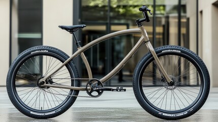 Fototapeta premium A stylish bicycle with large tires, designed for leisure riding and urban commuting.