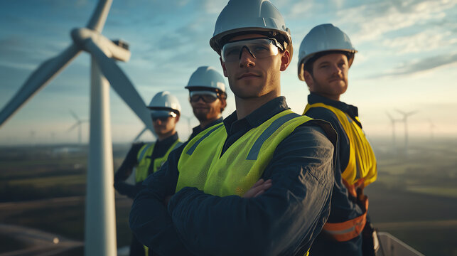 A group of wind farm engineers, arms folded, standing proudly at the top of a wind turbine platform.