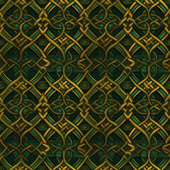 Intricate Celtic knot seamless pattern in green and gold. Pattern for wallpaper, background, print on fabric and paper.