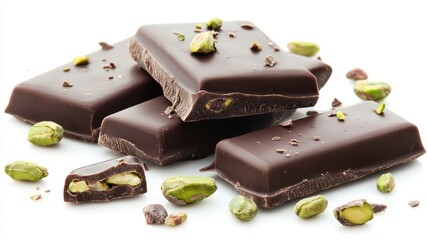 Dubai Chocolate Kunafa Pistachio on white background,Dubai Chocolate bar with green kadayif and pistachio spread,popular and viral chocolate 2024,space for text.
