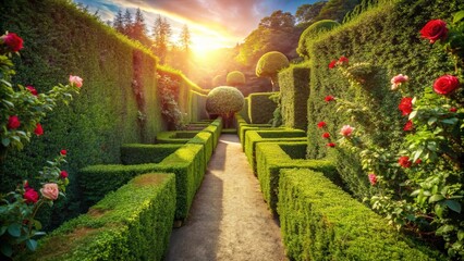 Obraz premium A sun-drenched pathway meanders through a meticulously manicured garden, framed by verdant hedges and punctuated by vibrant blooms.