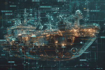 Obraz premium Futuristic hologram of icons and diagrams around a large freighter panorama.