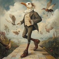 Obraz premium Surreal Bird in Historical Costume Feeding Ducks