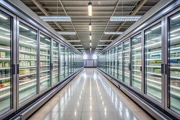 Fototapeta premium Empty supermarket aisle with different styled refrigerators