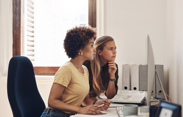 Research, writers and women on computer for reading report, editing story or creative agency for...