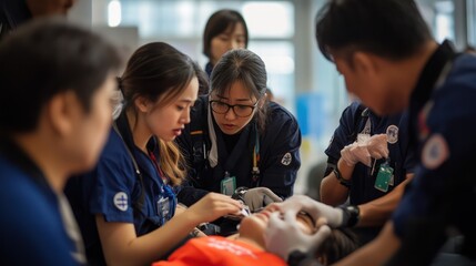 A multicultural team of paramedics and healthcare professionals learning life-saving techniques from an Asian expert in a hands-on training session.