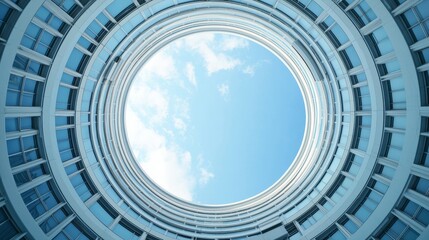 Looking up through a circular architectural structure with a blue sky.