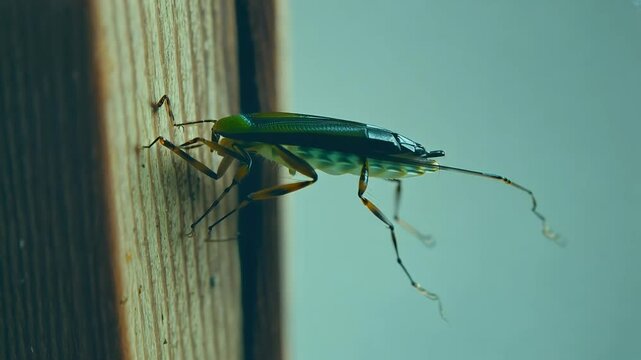 Observe green planthopper moving slowly wooden door macro videography highlighting intricate details fascinating insect sticks surface 4K resolution grasshopper no people color image nature outdoors