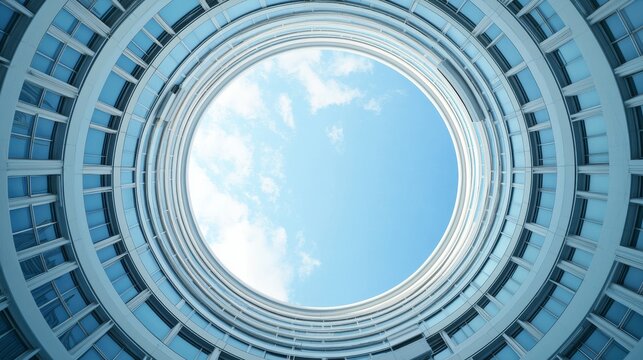 Looking up through a circular architectural structure with a blue sky.