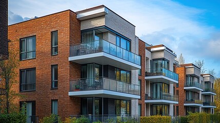 Fototapeta premium Modern residential buildings with brick and white exterior, large balconies 