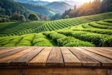 Empty wooden table in front of tea plantation background