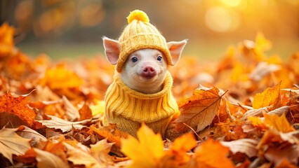 Obraz premium A charming piglet in a yellow sweater and beanie, surrounded by a sea of autumn leaves, its eyes sparkling with mischief and warmth.