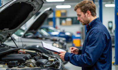 Professional car mechanic in auto repair shop writing on intake form, standing next to vehicle with open hood, ensuring quality service, automotive repair, vehicle diagnostics