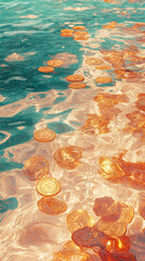 Fototapeta premium Gold coins bitcoins cash flow in ocean water shimmering glittering under light green silver background for good money luck rich concept