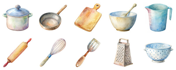 Custom vertical slats for kitchen with your photo Kitchenware essentials such as pots, pans and utensils. Cooking tools watercolor illustration set. Each element in soft pastel colors isolated on transparent background