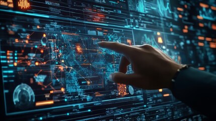 Data science and big data technology. big data analytics visualizing complex data set on touchscreen. data mining. Big Data. Ultra realistic. Photorealistic