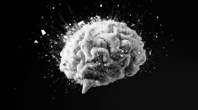 A surreal image of a brain rendered in grayscale, appearing to explode with fragments, symbolizing creativity and thought.