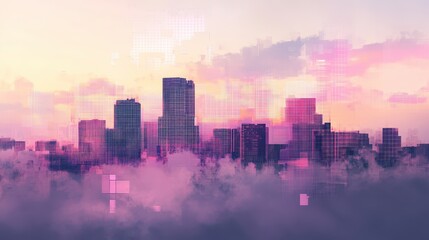 A dreamy skyline featuring modern buildings shrouded in soft clouds and bathed in a pastel sunset glow.