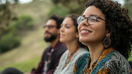 Fototapeta premium A multicultural team practicing energy healing methods for trauma recovery, led by experts in holistic healing and cultural inclusivity.
