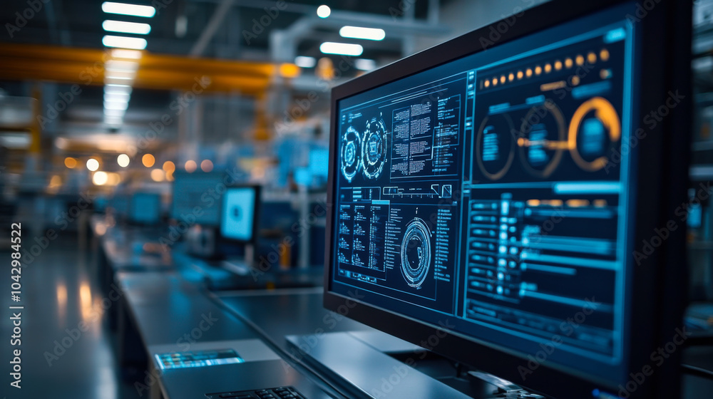 Poster advanced technological interface displayed on a computer screen in a modern research lab during even