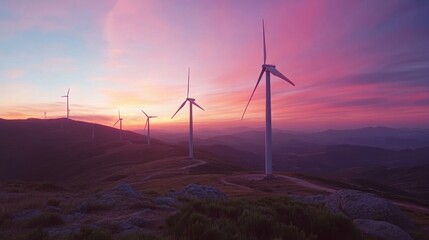 Fototapeta premium Futuristic wind turbines against beautiful landscape