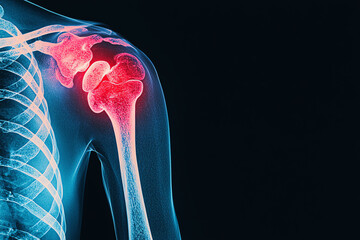 Detailed Xray of a shoulder joint with red pain indicators and bone damage, focusing on joint stress