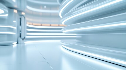Futuristic corridor with glowing white lights and sleek, curved architecture, AI