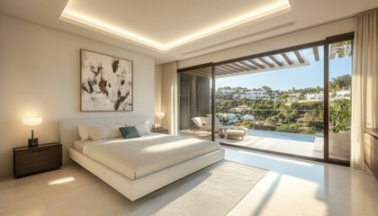 Fototapeta premium Modern Bedroom with Sliding Glass Doors and Pool View