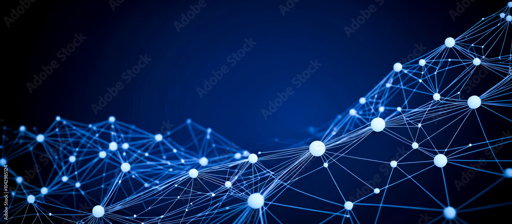 Poster abstract digital technology network pattern with glowing nodes and connection lines on deep blue bac