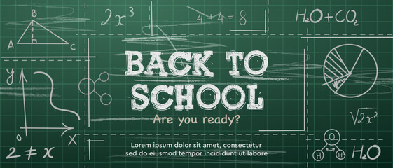 Back to school green chalkboard web banner. Line hand drawing design with science learning formulas, vector illustration.