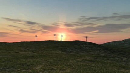 Obraz premium Futuristic wind turbines against beautiful landscape