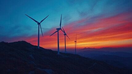 Fototapeta premium Futuristic wind turbines against beautiful landscape