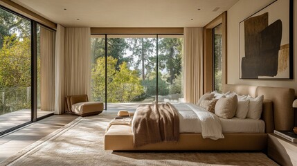 Fototapeta premium Modern Bedroom with Large Windows and Forest Views