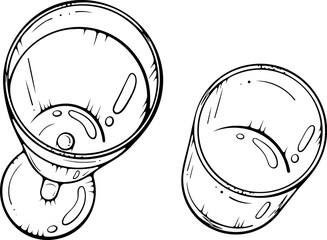 Two transparent glasses, clean and empty. Glass, wine goblet top view. Glassware for drinks. Vector illustration in hand drawn sketch doodle style. Line art isolated on white for coloring book, print
