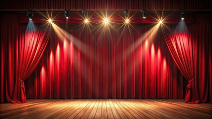 Empty theater stage with spotlights and red curtains illuminated
