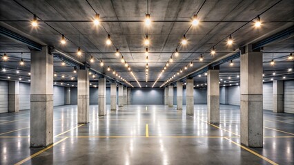 Fototapeta premium Empty Underground Parking Garage with String Lights