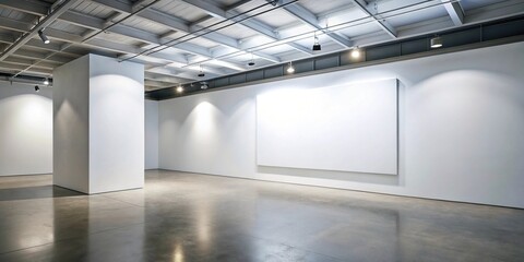 Empty white gallery with blank canvas mock up low angle view