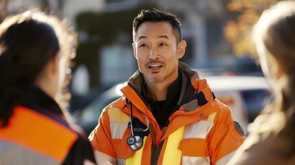 Naklejka premium An Asian emergency medical expert guiding a diverse group of paramedics in mastering advanced life-saving techniques, promoting teamwork and care.