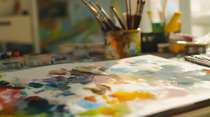 Colorful artist's palette and brushes for International Artist's Day in lively studio environment