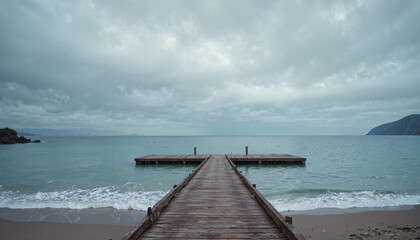 Obraz premium Wooden pier extending over calm sea under cloudy sky