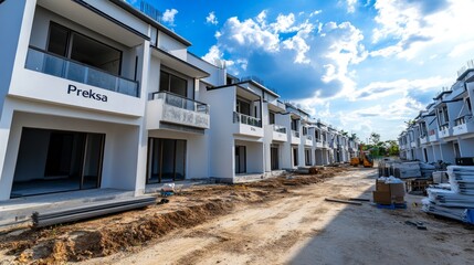 Obraz premium Row of modern white houses under construction with a dirt road in front of them.
