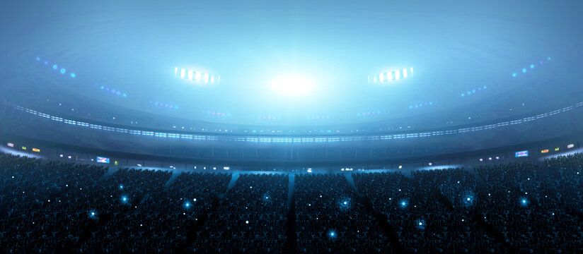 The fans in the the stands at night. An imaginary stadium is modelled and rendered.