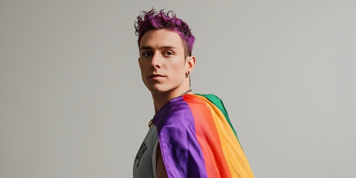 Confident young man with purple hair dons rainbow flag cape in minimalist upper body portrait