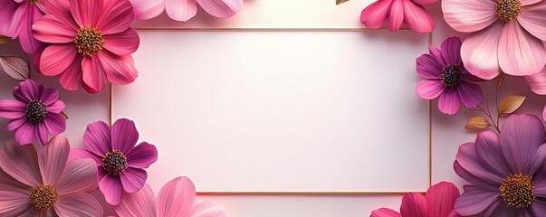 Elegant white card design with pink and purple flowers, perfect for wedding invitations or romantic messages