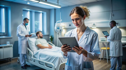 Obraz premium Medical staff with patient in hospital room using digital devices.