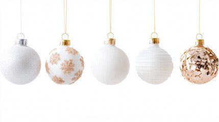 3D christmas ornaments christmas balls hanging golden silver white background. close up fashion graphic design material with copy space